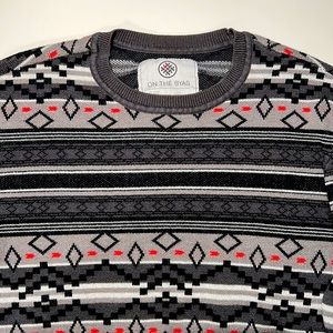 on the byas Holiday-Themed Crewneck Cotton-Blend Striped Sweater Grey/Red -Small